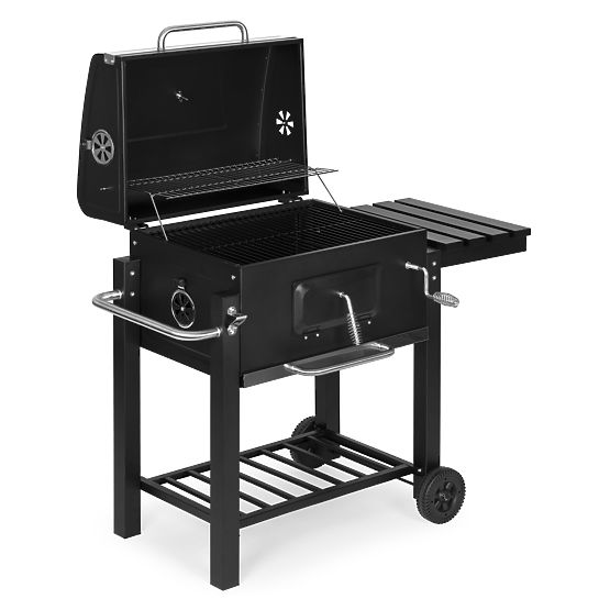 Large Garden Charcoal Grill with Lid, Thermometer, Shelves, Wheels, and Free Blower