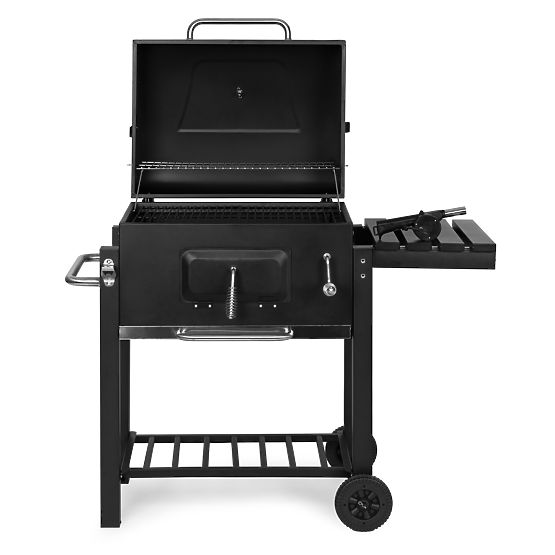 Large Garden Charcoal Grill with Lid, Thermometer, Shelves, Wheels, and Free Blower