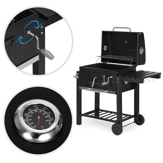 Large Garden Charcoal Grill with Lid, Thermometer, Shelves, Wheels, and Free Blower