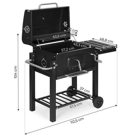 Large Garden Charcoal Grill with Lid, Thermometer, Shelves, Wheels, and Free Blower