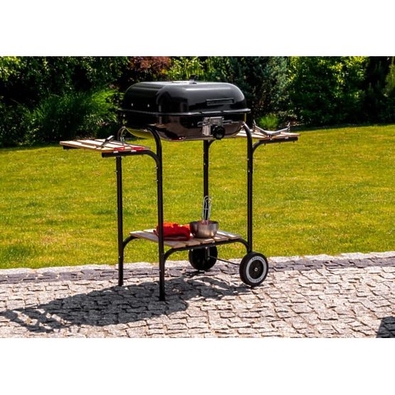 Large Garden Grill with Adjustable Grate and Wooden Shelves