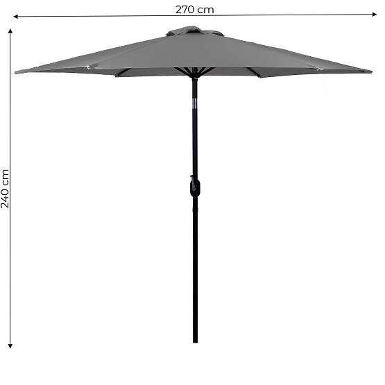 Large Tilted Garden Parasol with Crank 6 Ribs Grey 270 cm