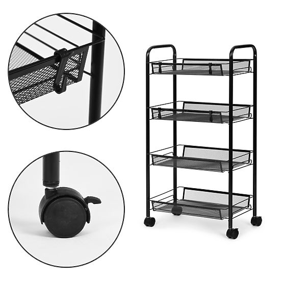 Metal Kitchen and Bathroom Organizer on Wheels, 4 Shelves, Black ModernHome