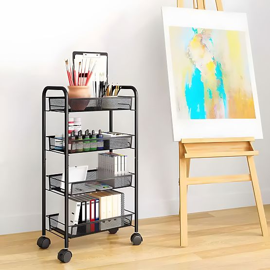 Metal Kitchen and Bathroom Organizer on Wheels, 4 Shelves, Black ModernHome