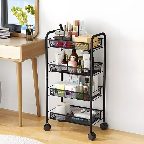 Metal Kitchen and Bathroom Organizer on Wheels, 4 Shelves, Black ModernHome