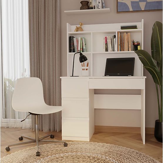 MIJAS Left Desk with Hutch Matte White 4 Drawers 4 Shelves for Office Room