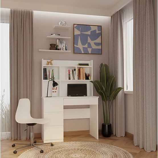 MIJAS Left Desk with Hutch Matte White 4 Drawers 4 Shelves for Office Room