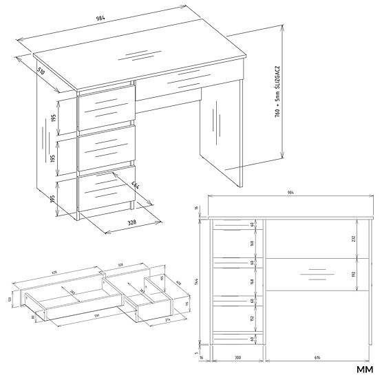 MIJAS Left Desk with Hutch Matte White 4 Drawers 4 Shelves for Office Room