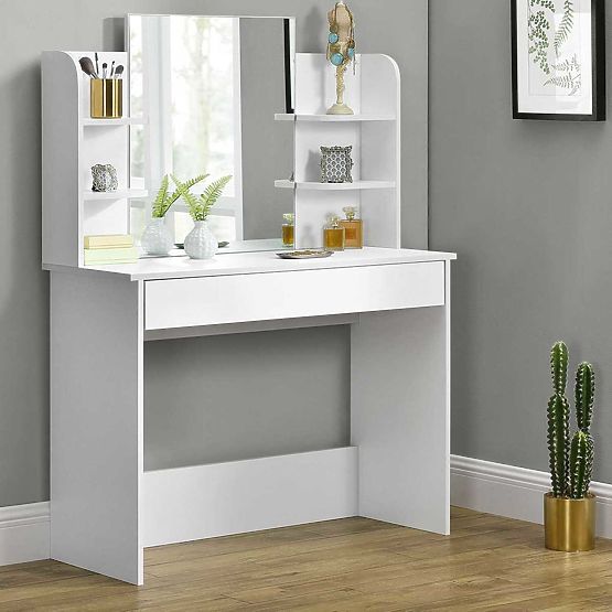 Modern Cosmetic Vanity Table with Large Mirror and Shelves ModernHome
