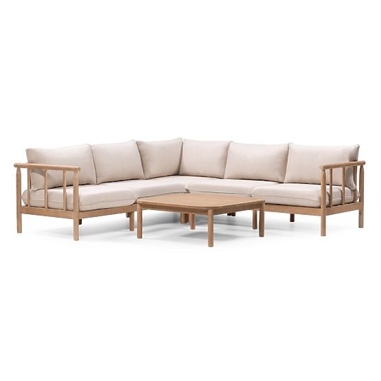 Mortlake Garden Corner Sofa with Table, FSC Eucalyptus Wood, Teak Finish, Light Beige/Pr