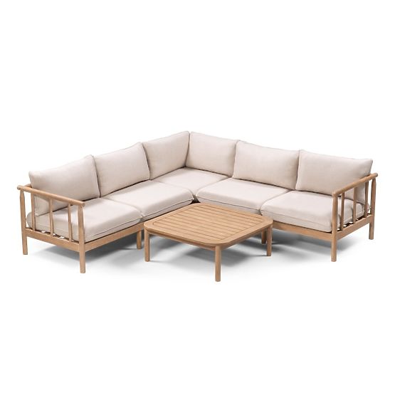 Mortlake Garden Corner Sofa with Table, FSC Eucalyptus Wood, Teak Finish, Light Beige/Pr