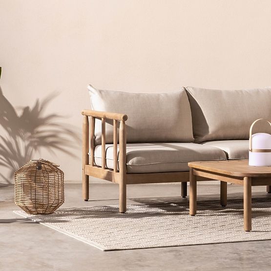 Mortlake Garden Corner Sofa with Table, FSC Eucalyptus Wood, Teak Finish, Light Beige/Pr