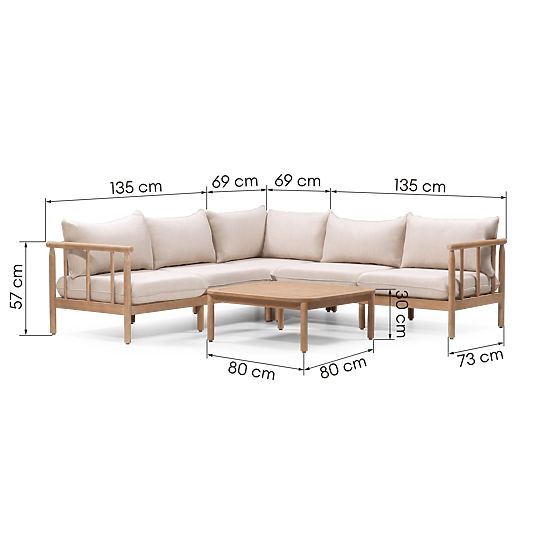 Mortlake Garden Corner Sofa with Table, FSC Eucalyptus Wood, Teak Finish, Light Beige/Pr