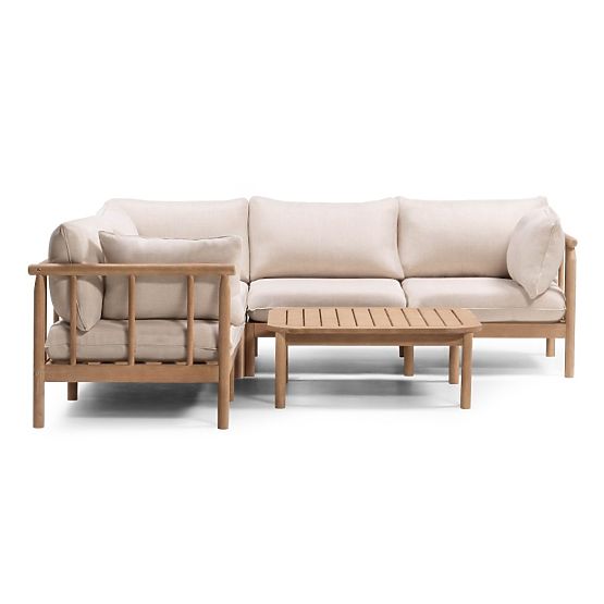 Mortlake Garden Corner Sofa with Table, FSC Eucalyptus Wood, Teak Finish, Light Beige/Pr