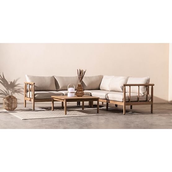 Mortlake Garden Corner Sofa with Table, FSC Eucalyptus Wood, Teak Finish, Light Beige/Pr
