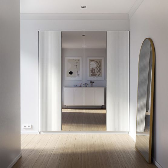 Neroli Four-Door Wardrobe, Simple Grooves/Mirror, White