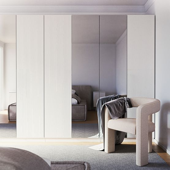 Neroli Four-Door Wardrobe, Simple Grooves/Mirror, White