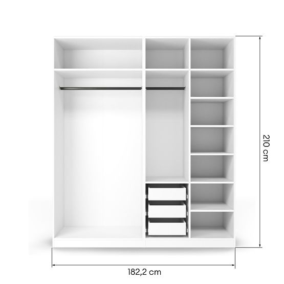 Neroli Wardrobe Frame/Interior with 2 Rods, Shelves, and 3 Drawers 182.2 cm, White