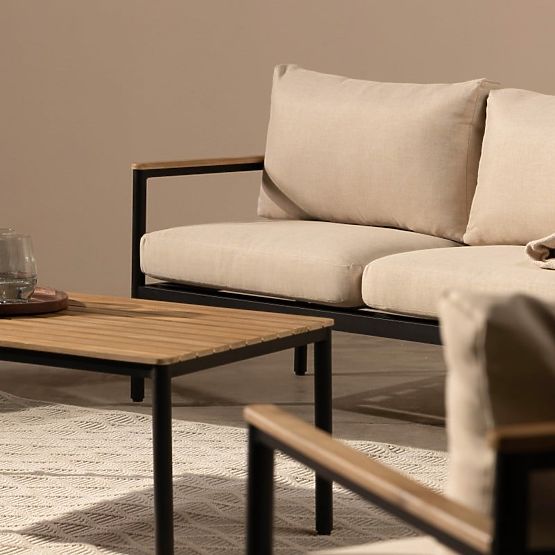 Porticello Garden Furniture Set, Aluminum, FSC Acacia Wood, Teak Look, Beige/Black