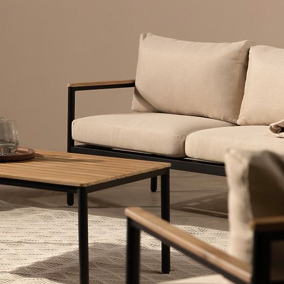 Porticello Garden Furniture Set, Aluminum, FSC Acacia Wood, Teak Look, Beige/Black