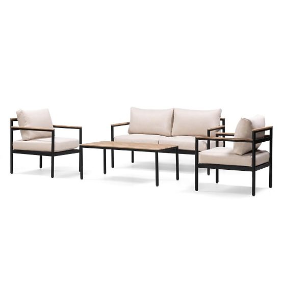 Porticello Garden Furniture Set, Aluminum, FSC Acacia Wood, Teak Look, Beige/Black