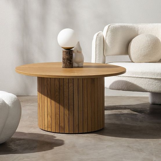 Remigio Coffee Table 80 cm, Round with Slats, Oak