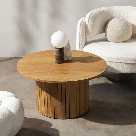 Remigio Coffee Table 80 cm, Round with Slats, Oak