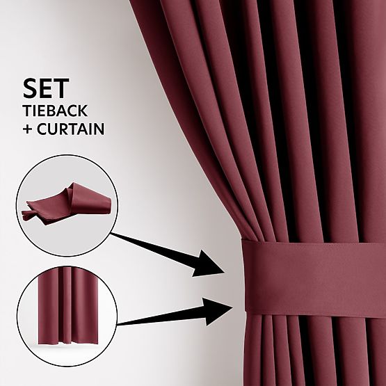 RESTILO BLACKOUT Curtain Red Color, Tieback for Fastening, Classic Style, Silver Rings, Material b