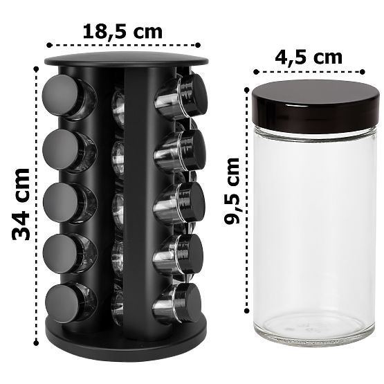 Rotating Spice Rack ROTOR BLACK 20 Jars + 72 Labels
