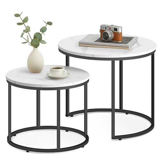 Round Coffee Table Set of 2 - Marble / Black Legs