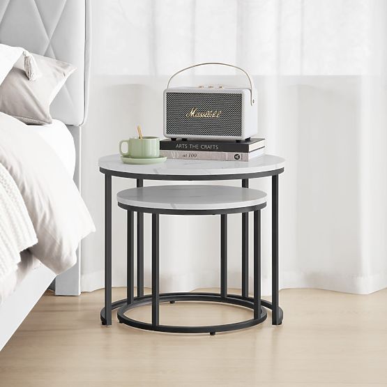 Round Coffee Table Set of 2 - Marble / Black Legs