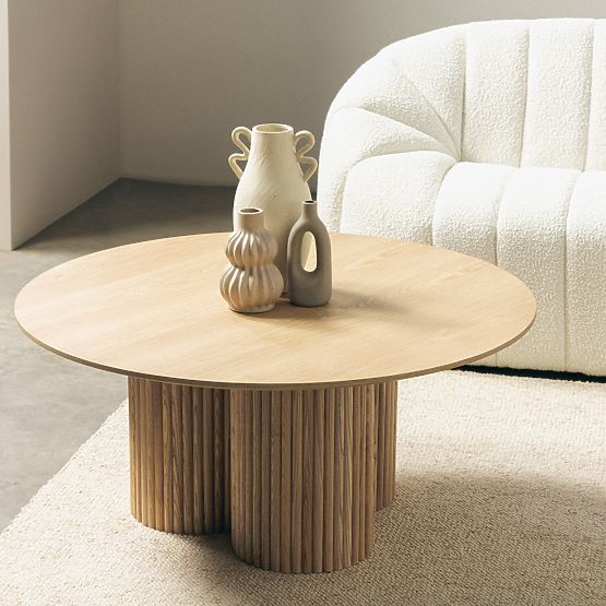 Round Coffee Table Vesby 100 cm, Natural Oak, Ash, Slats