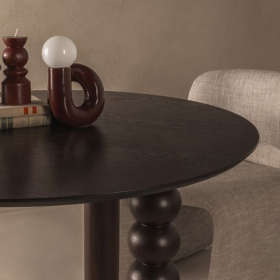 Round Table Bolla 100 cm, Oak Veneer, Walnut, Decorative Leg with Spheres