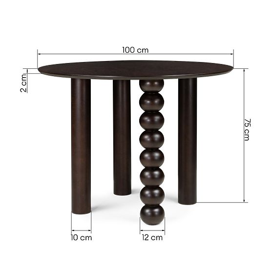 Round Table Bolla 100 cm, Oak Veneer, Walnut, Decorative Leg with Spheres