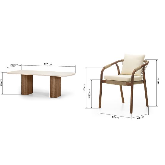 Rovigo Garden Set Table with Stone Top 220 cm and 4 Chairs with Woven Rope, Dark Wood