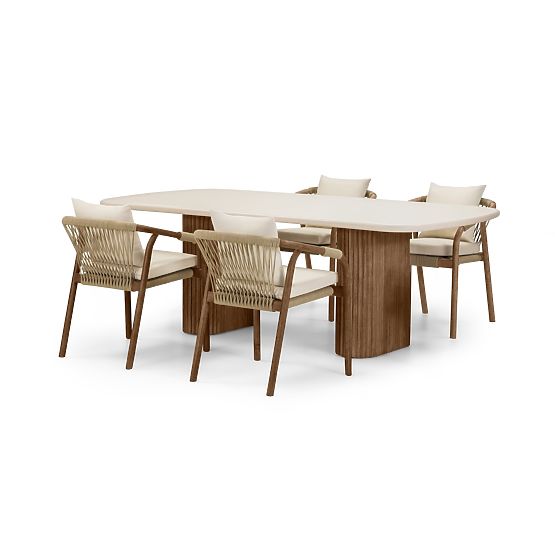 Rovigo Garden Set Table with Stone Top 220 cm and 4 Chairs with Woven Rope, Dark Wood