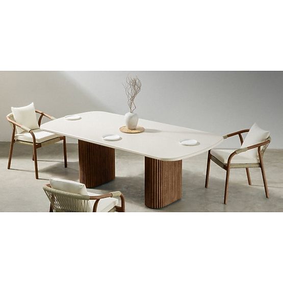 Rovigo Garden Table 220 cm with Stone Top, Dark Acacia Wood/Light Beige, Rounded Shapes, l