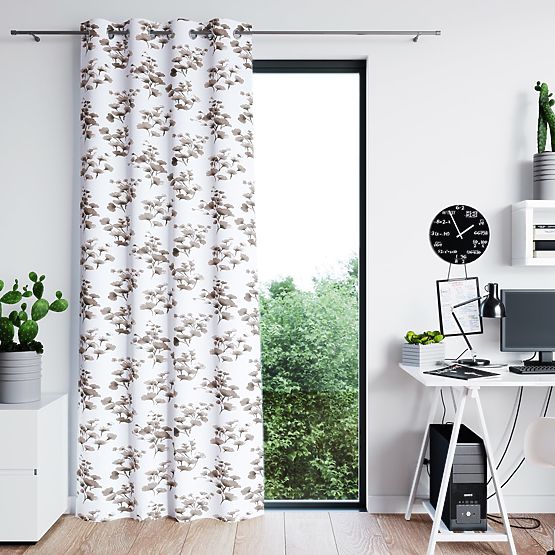 SERENITY Curtain White Color with Printed Plant Motif Classic Style Silver Metal Eyelets