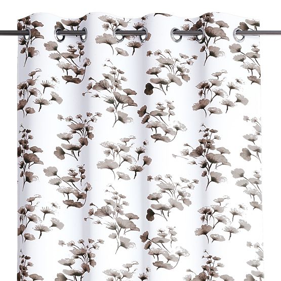 SERENITY Curtain White Color with Printed Plant Motif Classic Style Silver Metal Eyelets