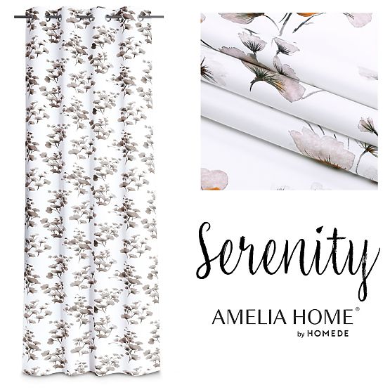SERENITY Curtain White Color with Printed Plant Motif Classic Style Silver Metal Eyelets