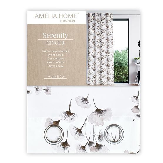 SERENITY Curtain White Color with Printed Plant Motif Classic Style Silver Metal Eyelets