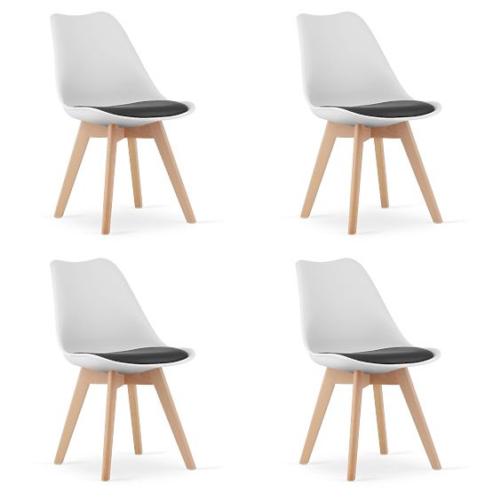 Set of 4 White and Black Chairs with Wooden Legs