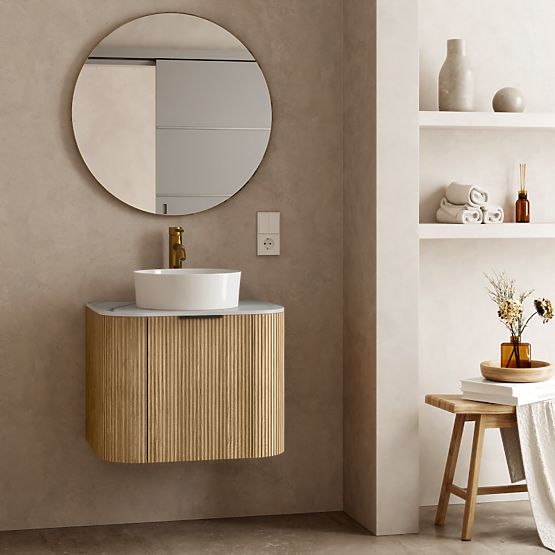 Set of Cabinet with Countertop and Basin Matinale 60 cm, Ribbed, Rounded, Glit White/Acacia