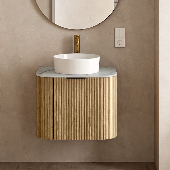Set of Cabinet with Countertop and Basin Matinale 60 cm, Ribbed, Rounded, Glit White/Acacia