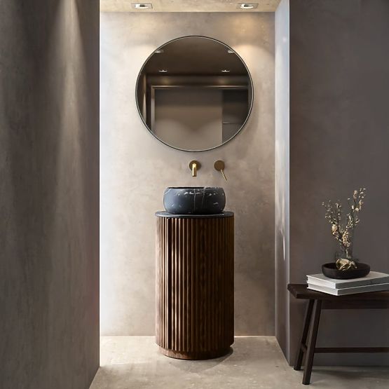 Set of Cabinet with Countertop and Sink La promessa 40 cm, Grooved, Rounded, Dark Walnut/Black