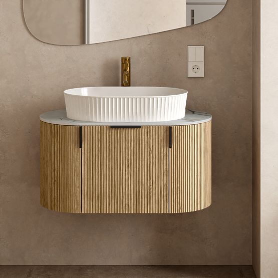 Set of Cabinet with Countertop and Sink La simplicite 80 cm, Grooved, Rounded, Glit White/Oak
