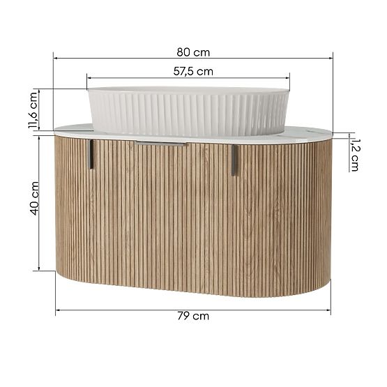 Set of Cabinet with Countertop and Sink La simplicite 80 cm, Grooved, Rounded, Glit White/Oak