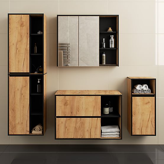 SET OF HANGING BATHROOM FURNITURE WITH OPENINGS VAMI CRAFT OAK / BLACK