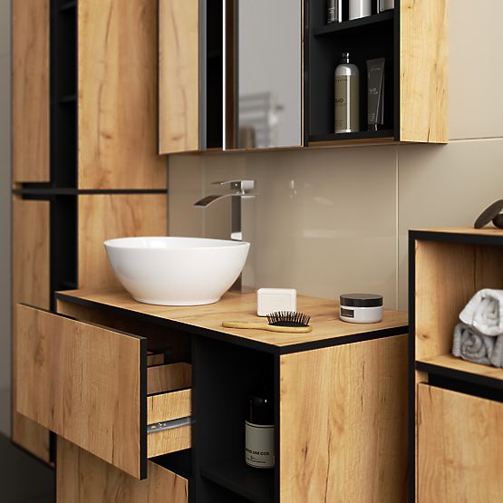 SET OF HANGING BATHROOM FURNITURE WITH OPENINGS VAMI CRAFT OAK / BLACK