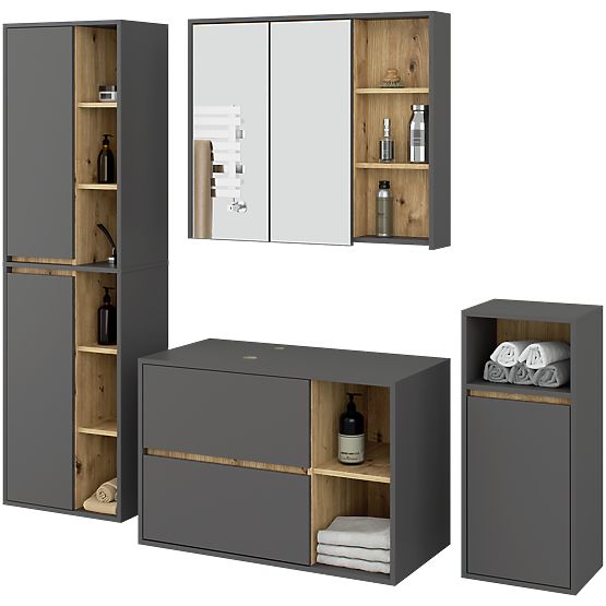 SET OF HANGING BATHROOM FURNITURE WITH OPENINGS VAMI GRAPHITE GRAY / ARTISAN OAK
